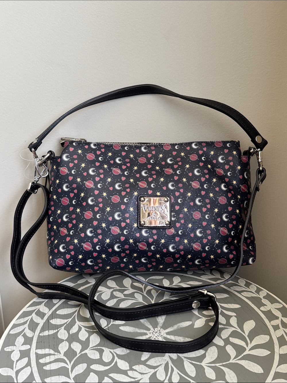 Valentina Black Crossbody Bag with Pink Heart & Moon Print NWT